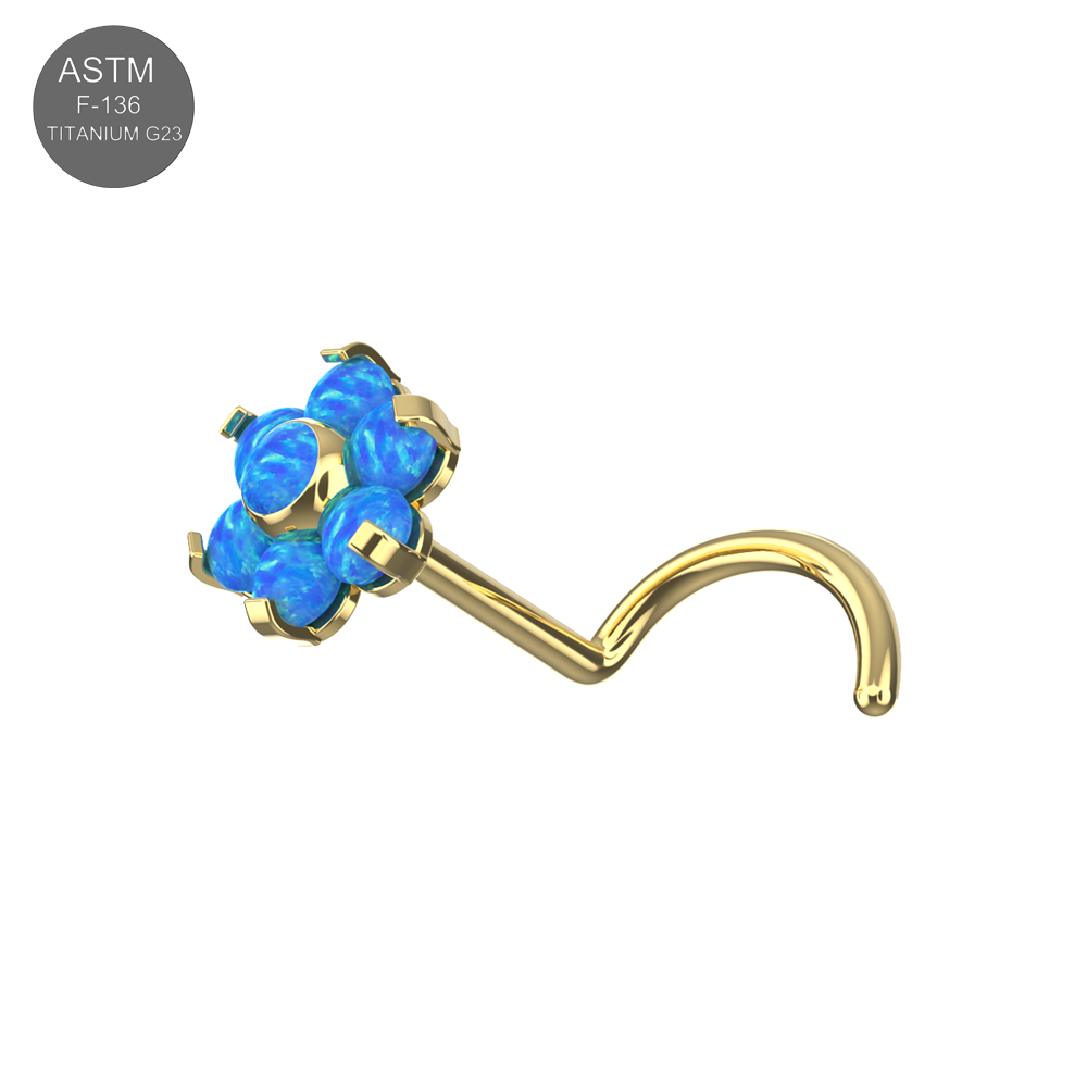 G23 Titanium Opal Flower Threadless Nose Screw in gold with vibrant blue opal petals, ideal for hypoallergenic and stylish nose piercings.