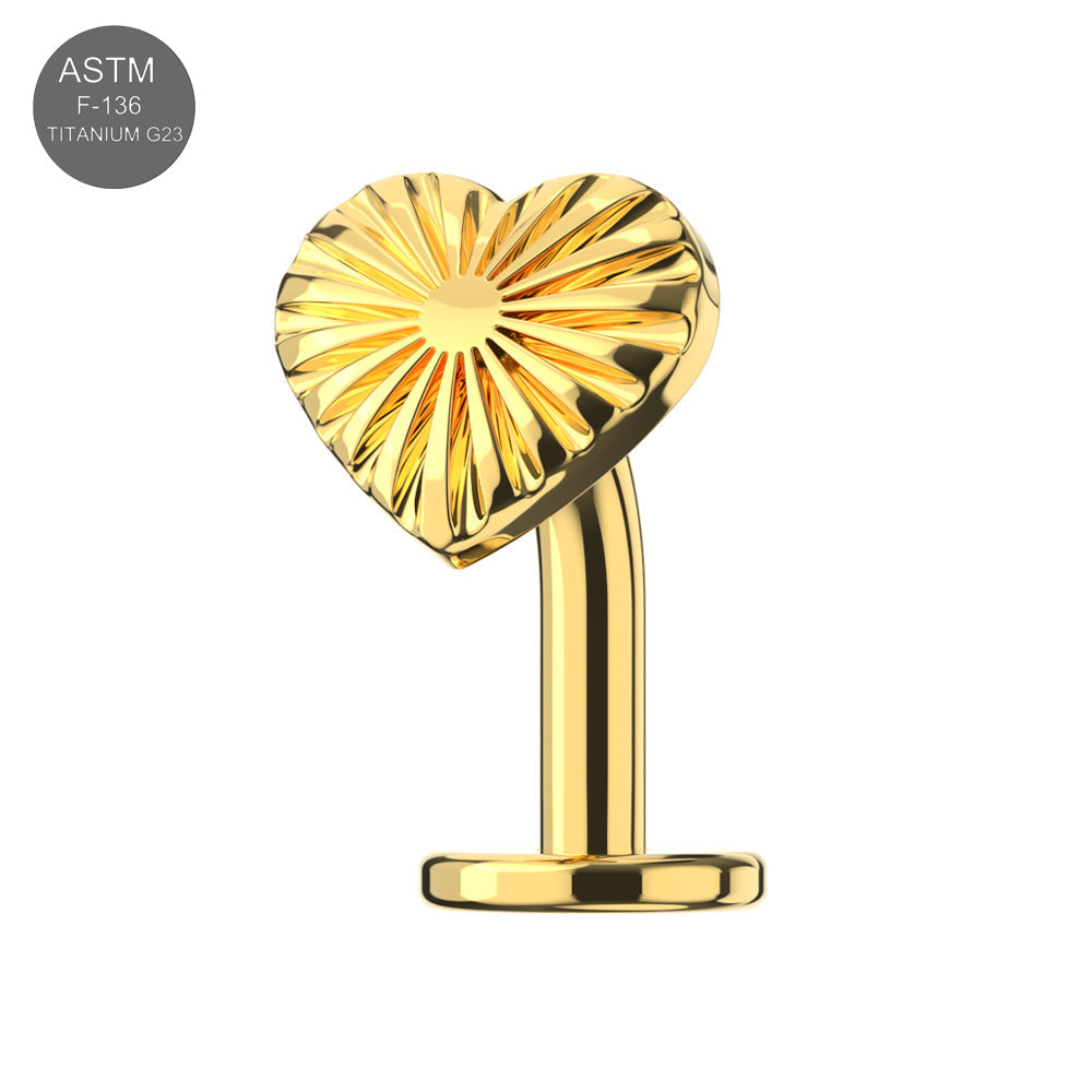 G23 Titanium Radiant Heart Threadless Floating Belly Ring in gold with a sunburst design, hypoallergenic and ideal for sensitive skin.
