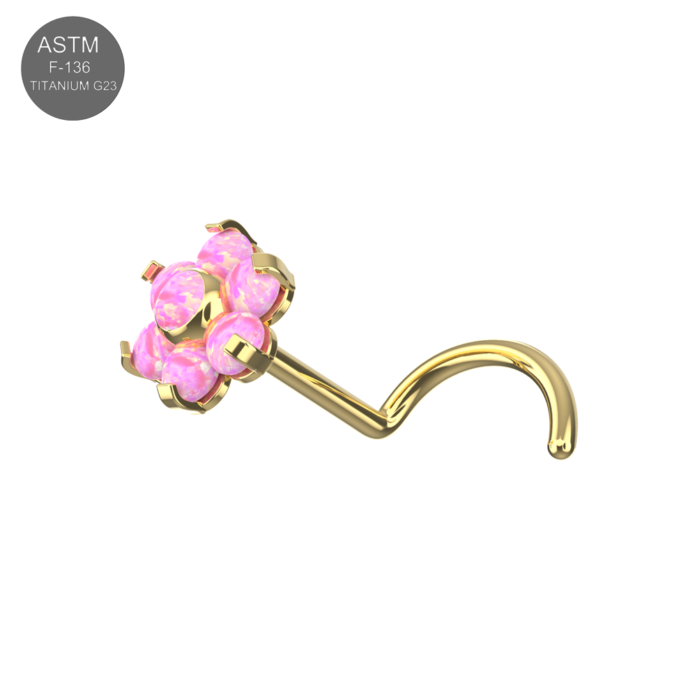G23 Titanium Opal Flower Threadless Nose Screw in gold featuring soft pink opal stones, perfect for elegant and safe nose jewelry wear.