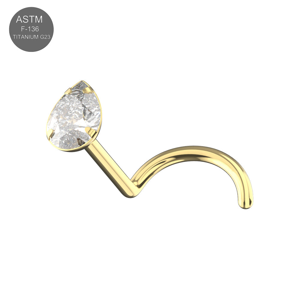 Gold-tone G23 Titanium Teardrop CZ Jewelled Threadless Nose Screw featuring a clear cubic zirconia gem, perfect for elegant nose jewelry wear.