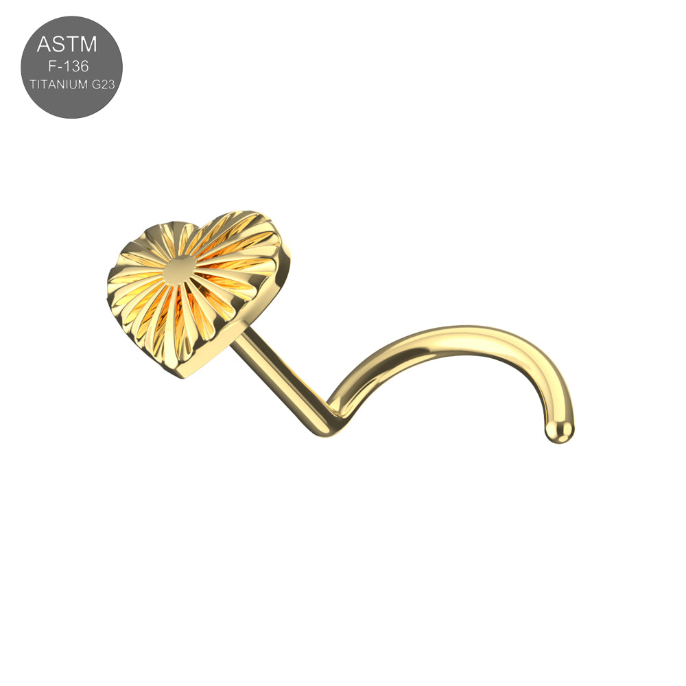 G23 Titanium Radiant Heart Threadless Nose Screw in gold with a sunburst design, ideal for hypoallergenic and stylish nose jewelry.