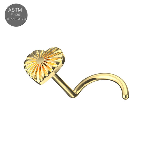 G23 Titanium Radiant Heart Threadless Nose Screw in gold with a sunburst design, ideal for hypoallergenic and stylish nose jewelry.
