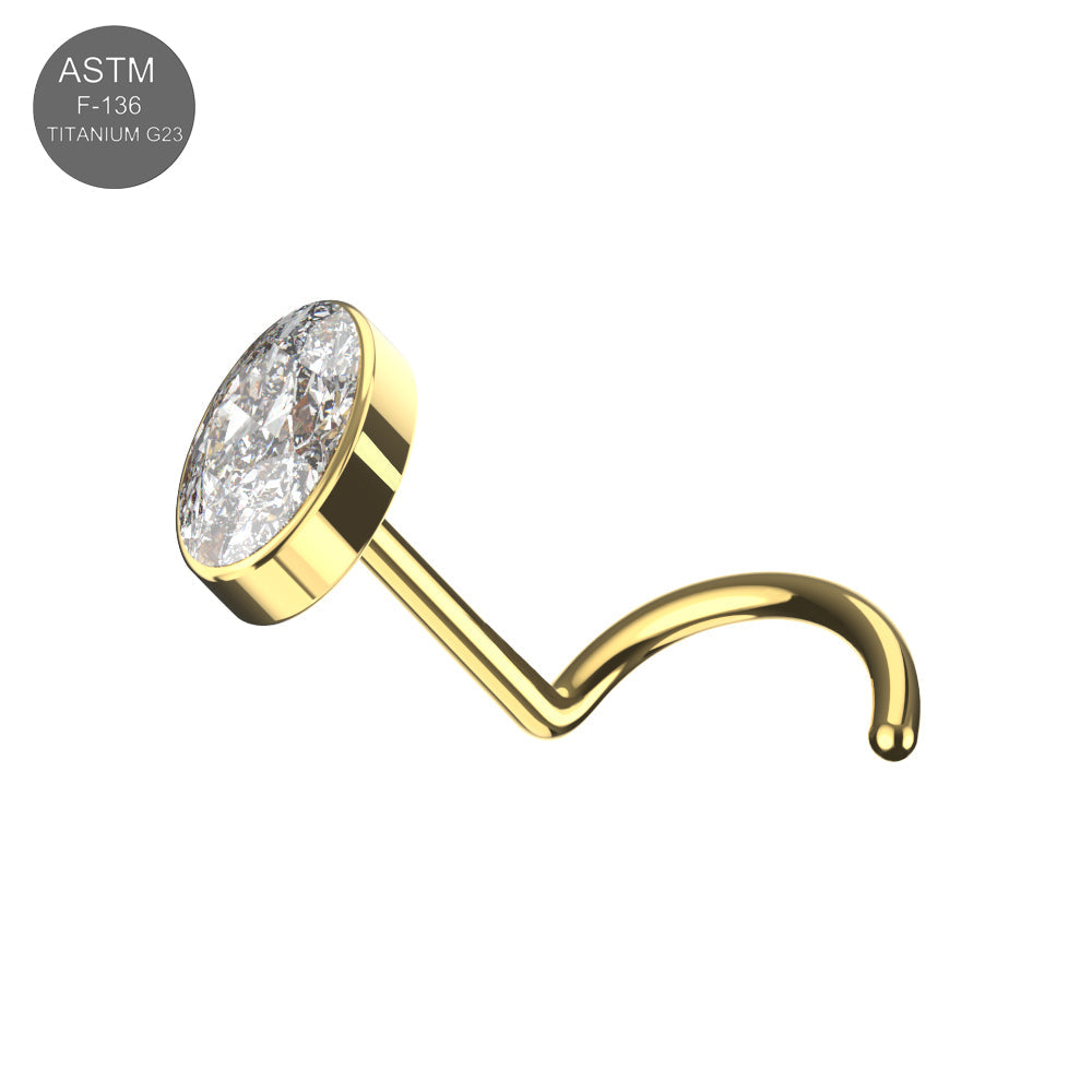 Gold-tone G23 Titanium Oval CZ Jewelled Threadless Nose Screw featuring a clear cubic zirconia stone, perfect for elegant and safe piercings.