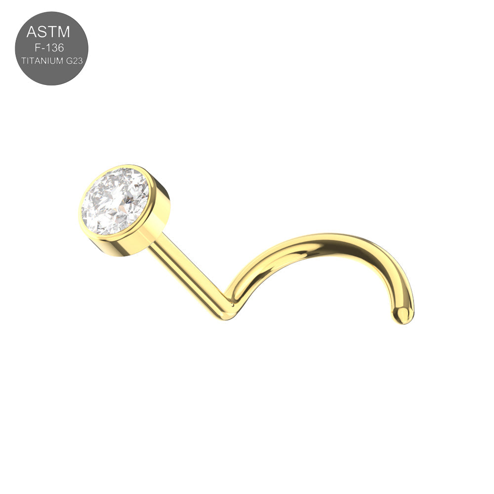 Gold-tone G23 titanium round CZ jewelled threadless nose screw featuring a brilliant cubic zirconia stone for elegant nose jewelry styling.