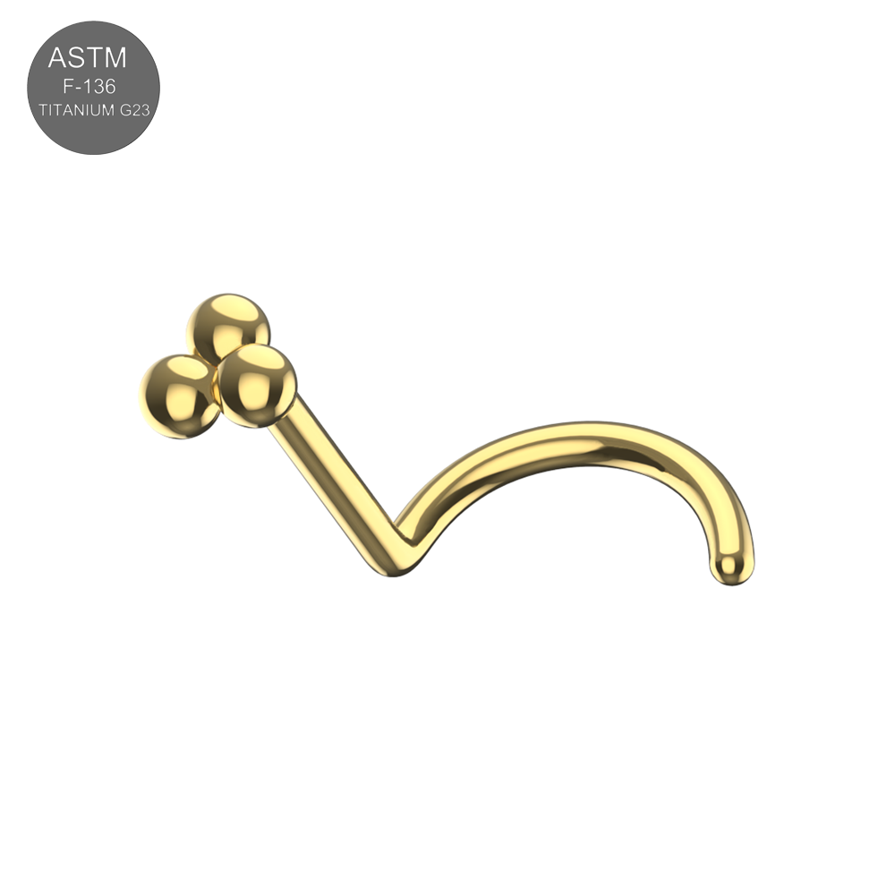 G23 Titanium Tri Ball Threadless Nose Screw in polished gold finish, hypoallergenic and ideal for secure nose piercing jewelry.