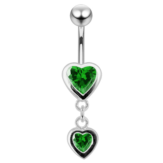 925 Sterling Silver Moving Duel Jewelled Heart Belly Ring - Monster Piercing