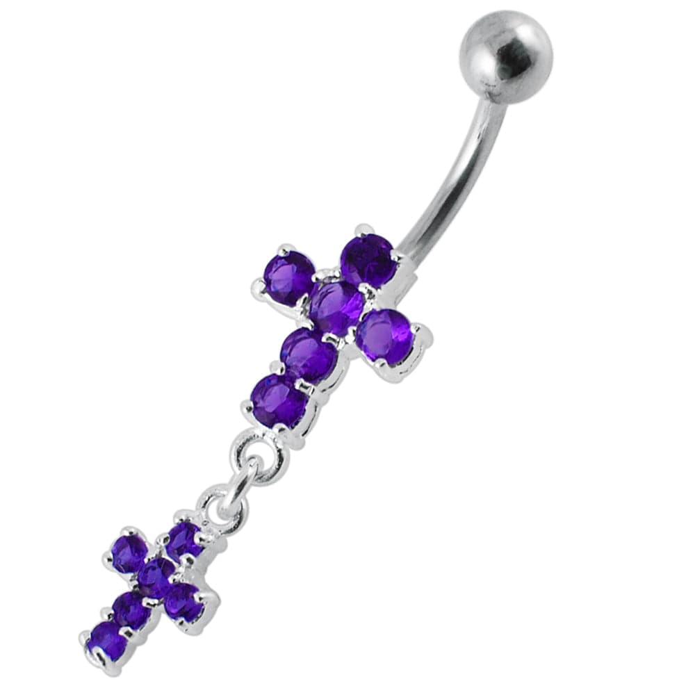925 Sterling Silver Moving Jewelled Cross Belly Ring - Monster Piercing