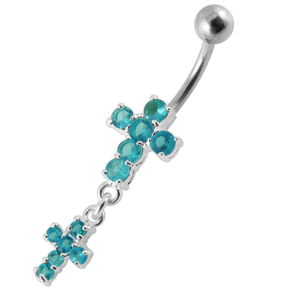 925 Sterling Silver Moving Jewelled Cross Belly Ring - Monster Piercing