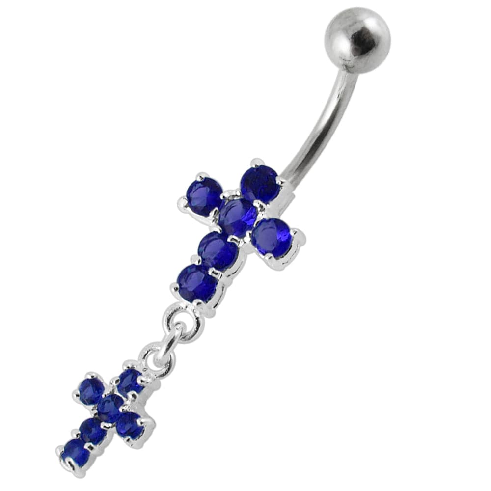 925 Sterling Silver Moving Jewelled Cross Belly Ring - Monster Piercing