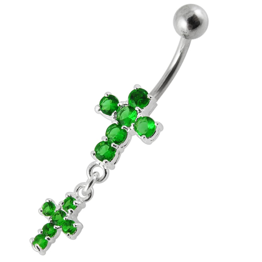 925 Sterling Silver Moving Jewelled Cross Belly Ring - Monster Piercing