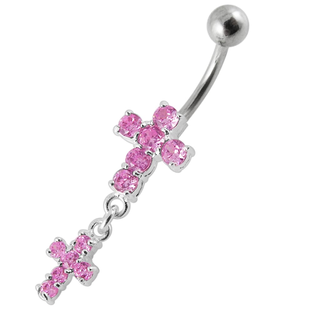 925 Sterling Silver Moving Jewelled Cross Belly Ring - Monster Piercing