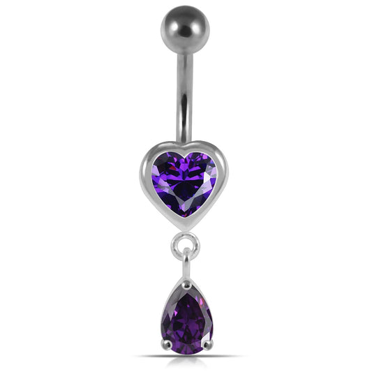 925 Sterling Silver Moving Jewelled Hearts Belly Ring - Monster Piercing