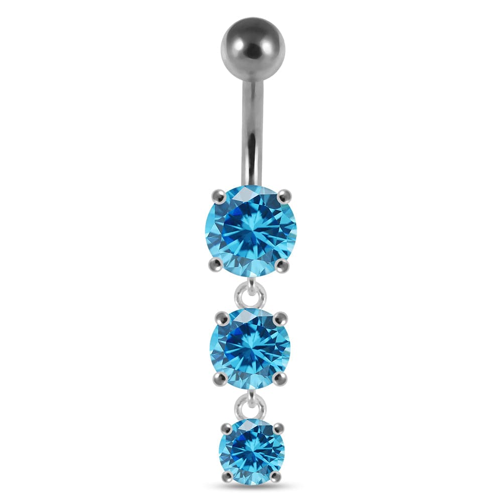 925 Sterling Silver Moving Jewelled Charms dangling SS Bar Navel Ring - Monster Piercing