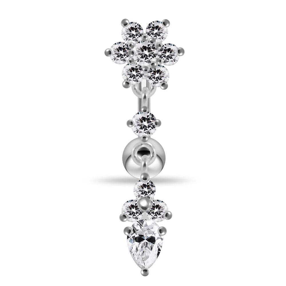 925 Sterling Silver Flower Moving Jeweled Belly Ring - Monster Piercing