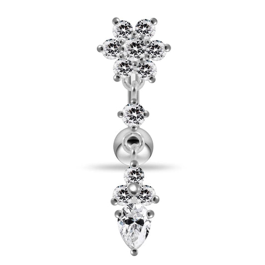 925 Sterling Silver Flower Moving Jeweled Belly Ring - Monster Piercing