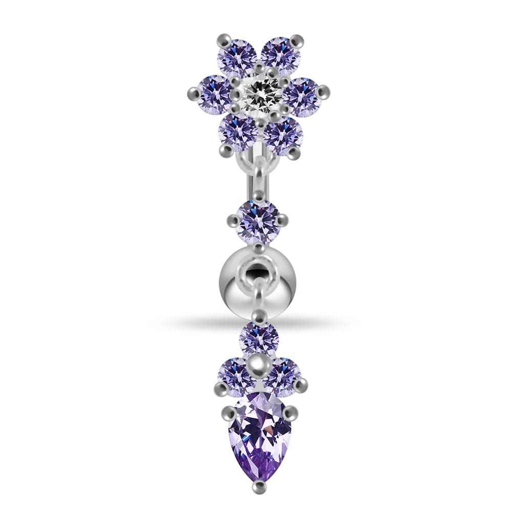 925 Sterling Silver Flower Moving Jeweled Belly Ring - Monster Piercing