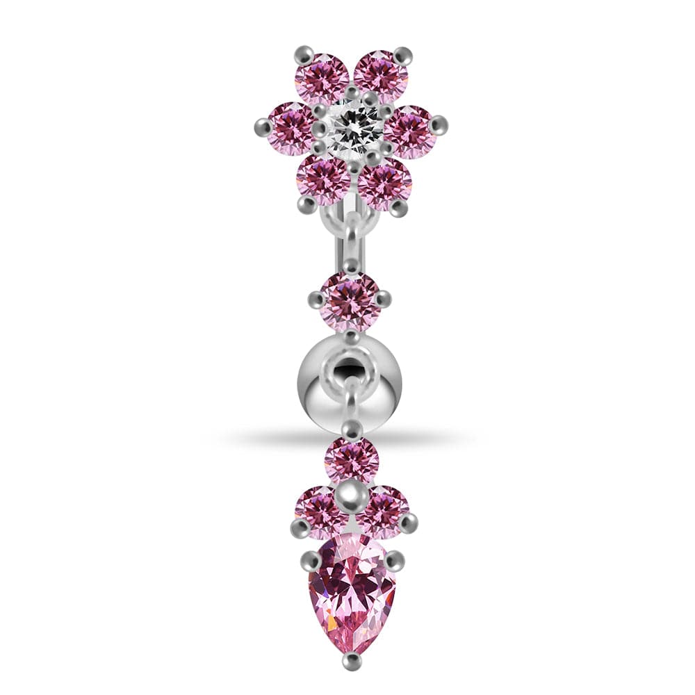 925 Sterling Silver Flower Moving Jeweled Belly Ring - Monster Piercing