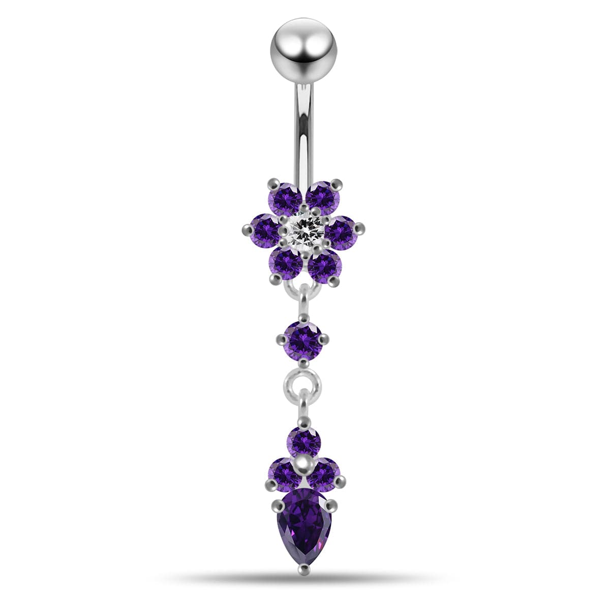 925 Sterling Silver Moving Jewelled Flower Design Belly Ring - Monster Piercing