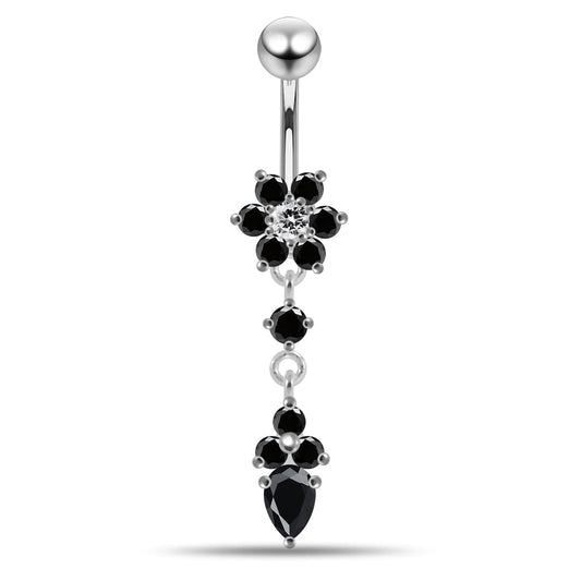 925 Sterling Silver Moving Jewelled Flower Design Belly Ring - Monster Piercing
