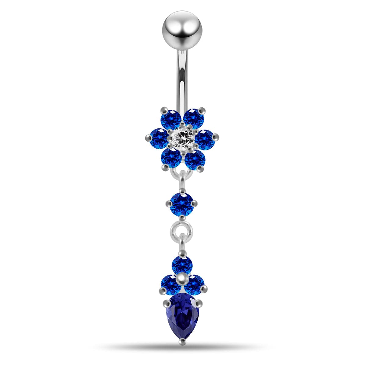 925 Sterling Silver Moving Jewelled Flower Design Belly Ring - Monster Piercing
