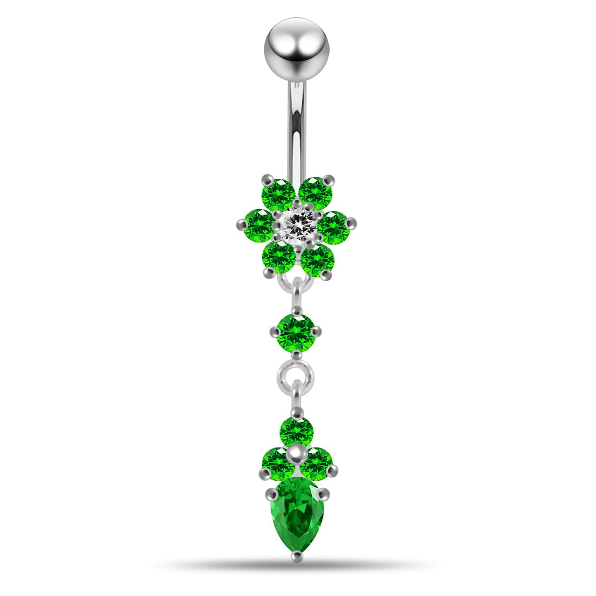 925 Sterling Silver Moving Jewelled Flower Design Belly Ring - Monster Piercing