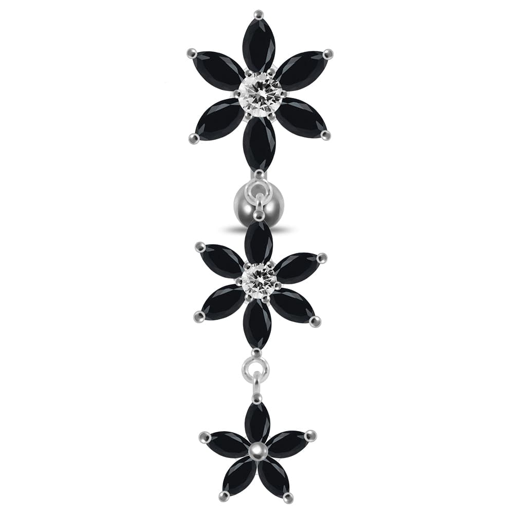 925 Sterling Silver Moving Jewelled Multi Flower Designed SS Curved Banana Bar Belly Ring - Monster Piercing