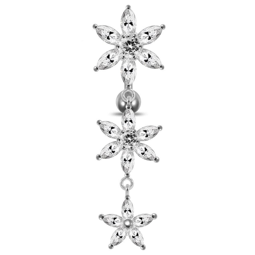 925 Sterling Silver Moving Jewelled Multi Flower Designed SS Curved Banana Bar Belly Ring - Monster Piercing