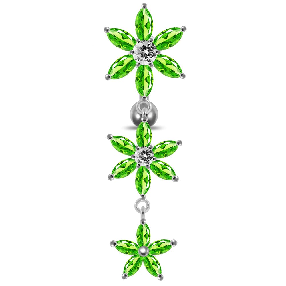 925 Sterling Silver Moving Jewelled Multi Flower Designed SS Curved Banana Bar Belly Ring - Monster Piercing