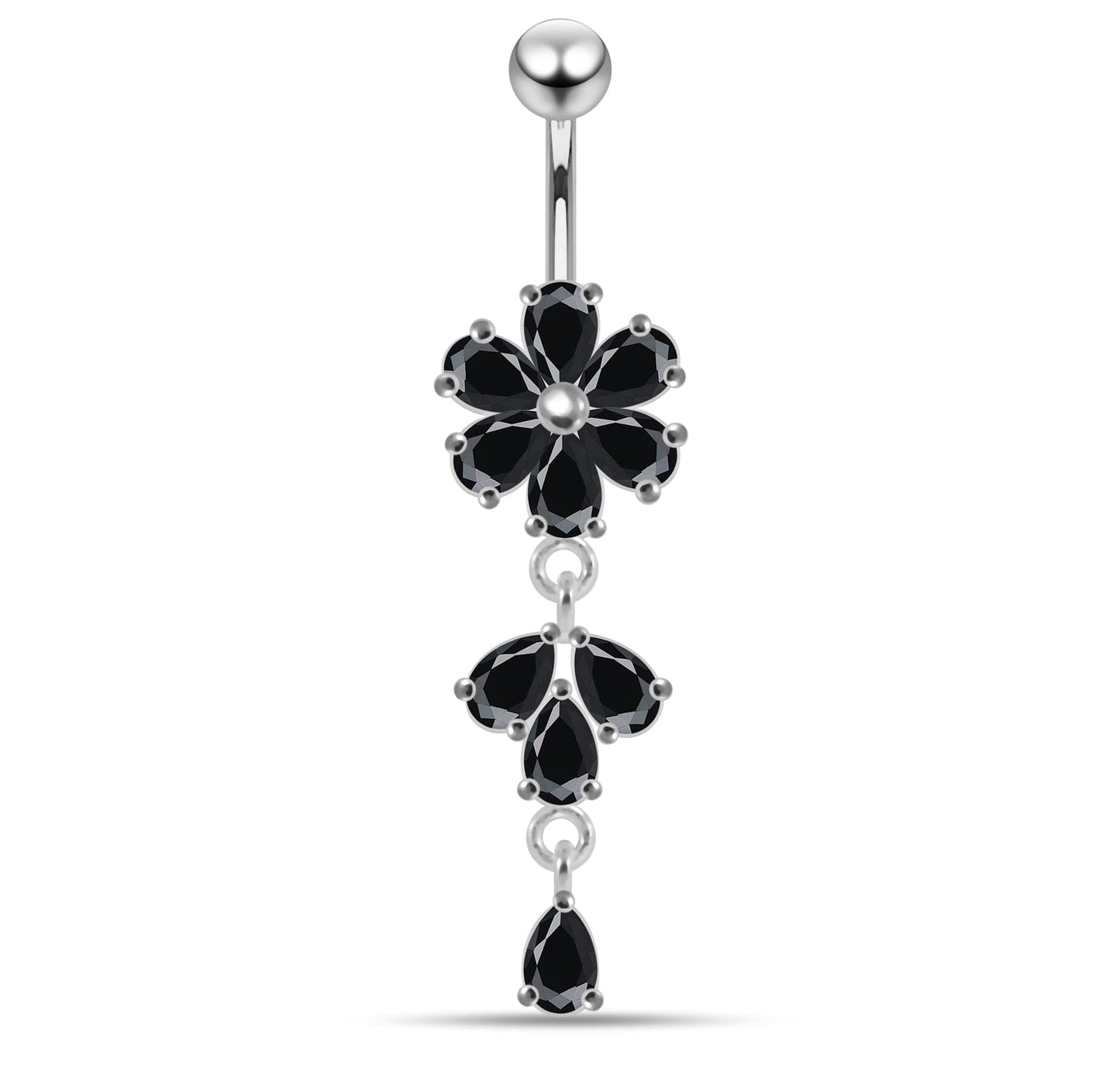 925 Sterling Silver Moving Flower Designed CZ Jewelled Navel Ring - Monster Piercing