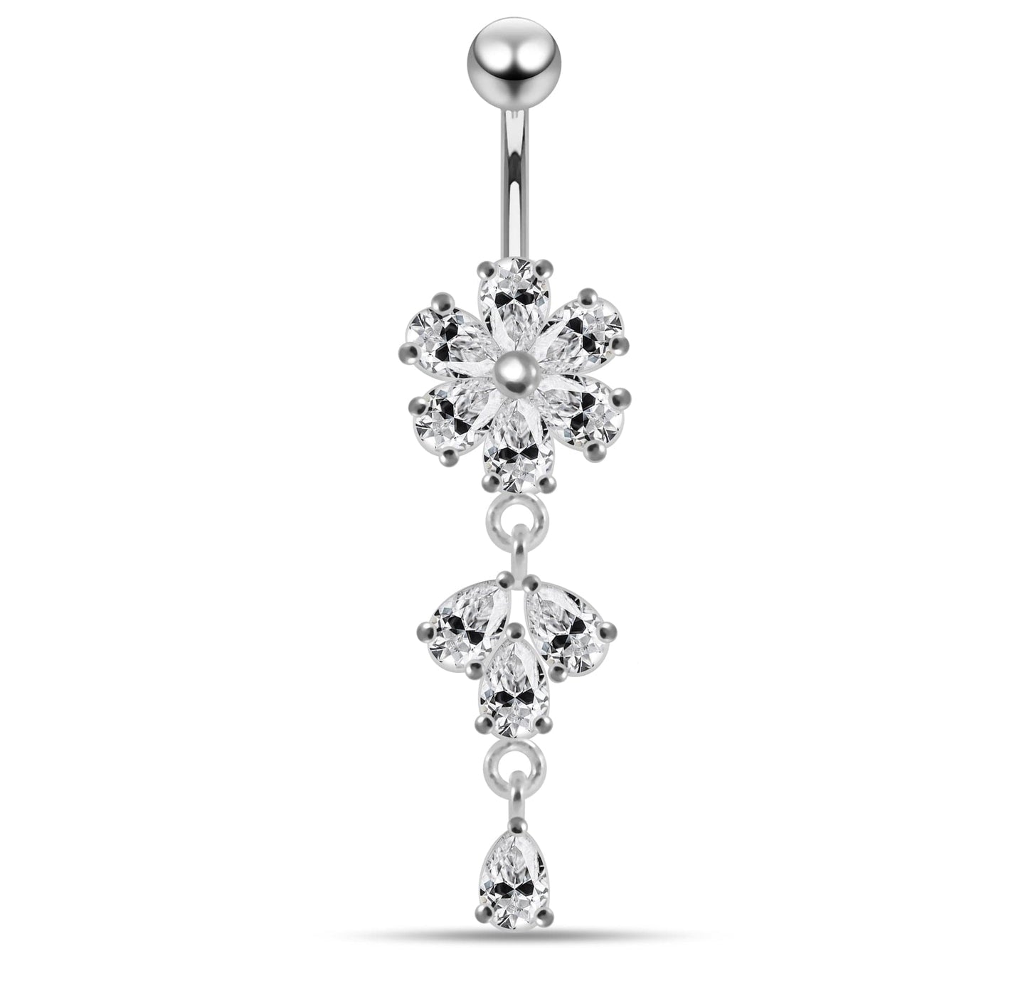 925 Sterling Silver Moving Flower Designed CZ Jewelled Navel Ring - Monster Piercing