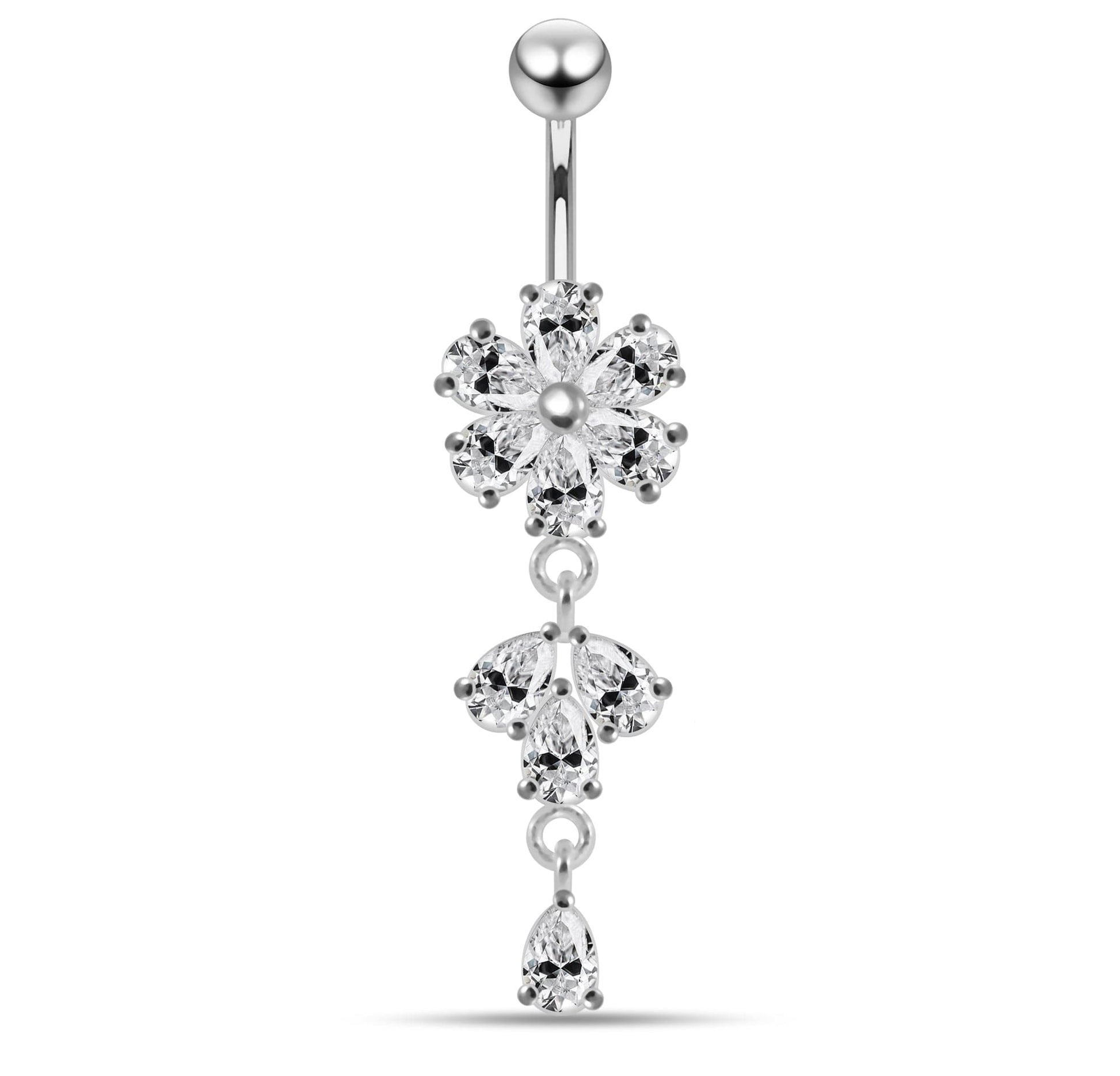 925 Sterling Silver Moving Flower Designed CZ Jewelled Navel Ring - Monster Piercing
