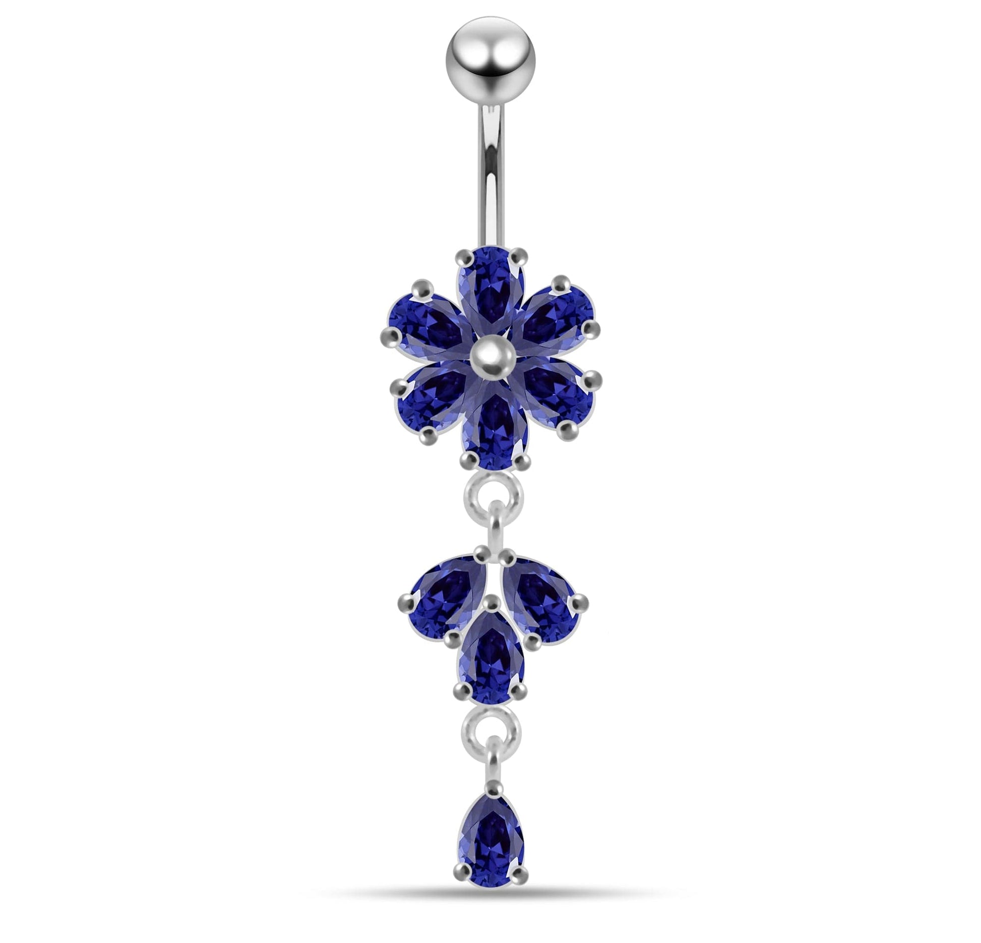 925 Sterling Silver Moving Flower Designed CZ Jewelled Navel Ring - Monster Piercing