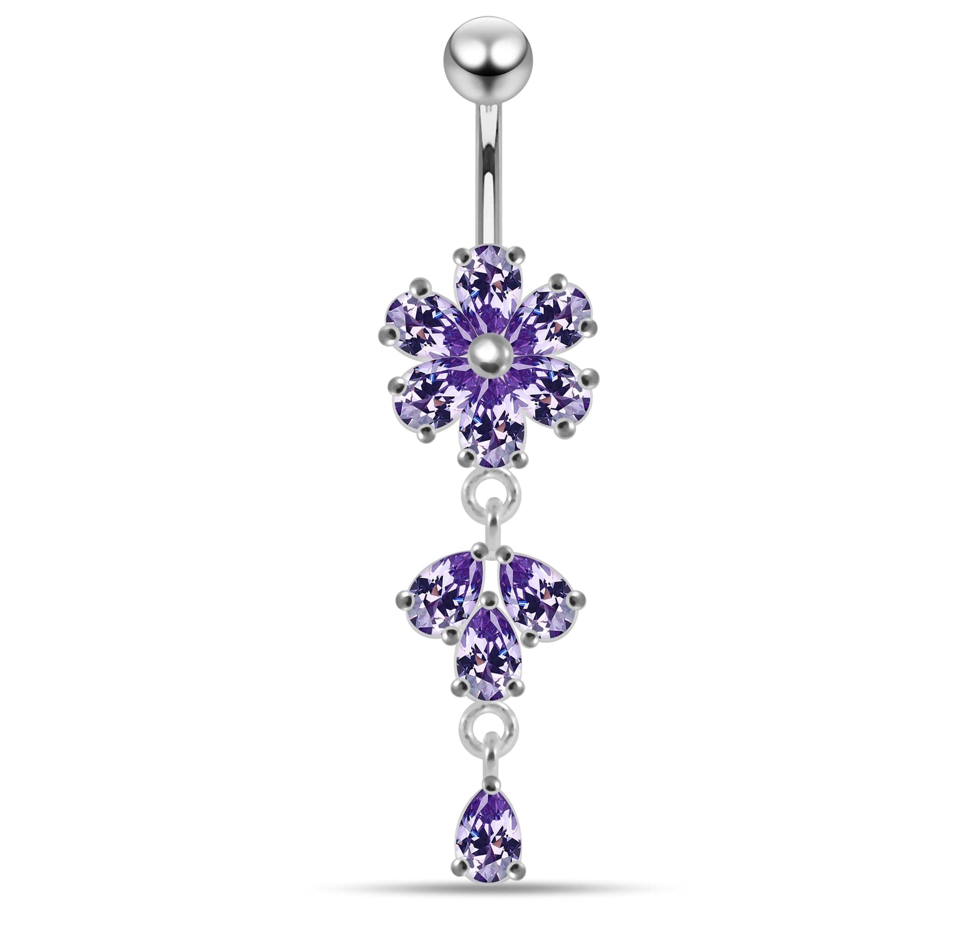 925 Sterling Silver Moving Flower Designed CZ Jewelled Navel Ring - Monster Piercing