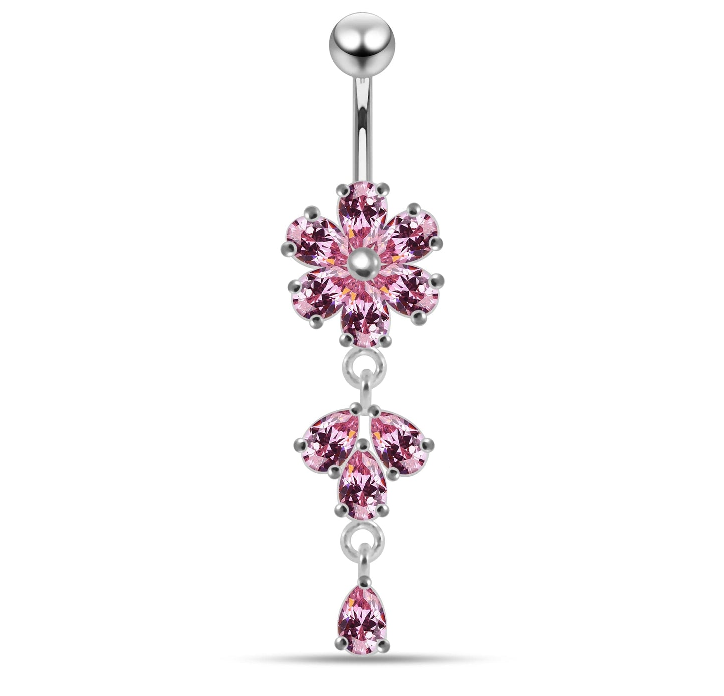 925 Sterling Silver Moving Flower Designed CZ Jewelled Navel Ring - Monster Piercing