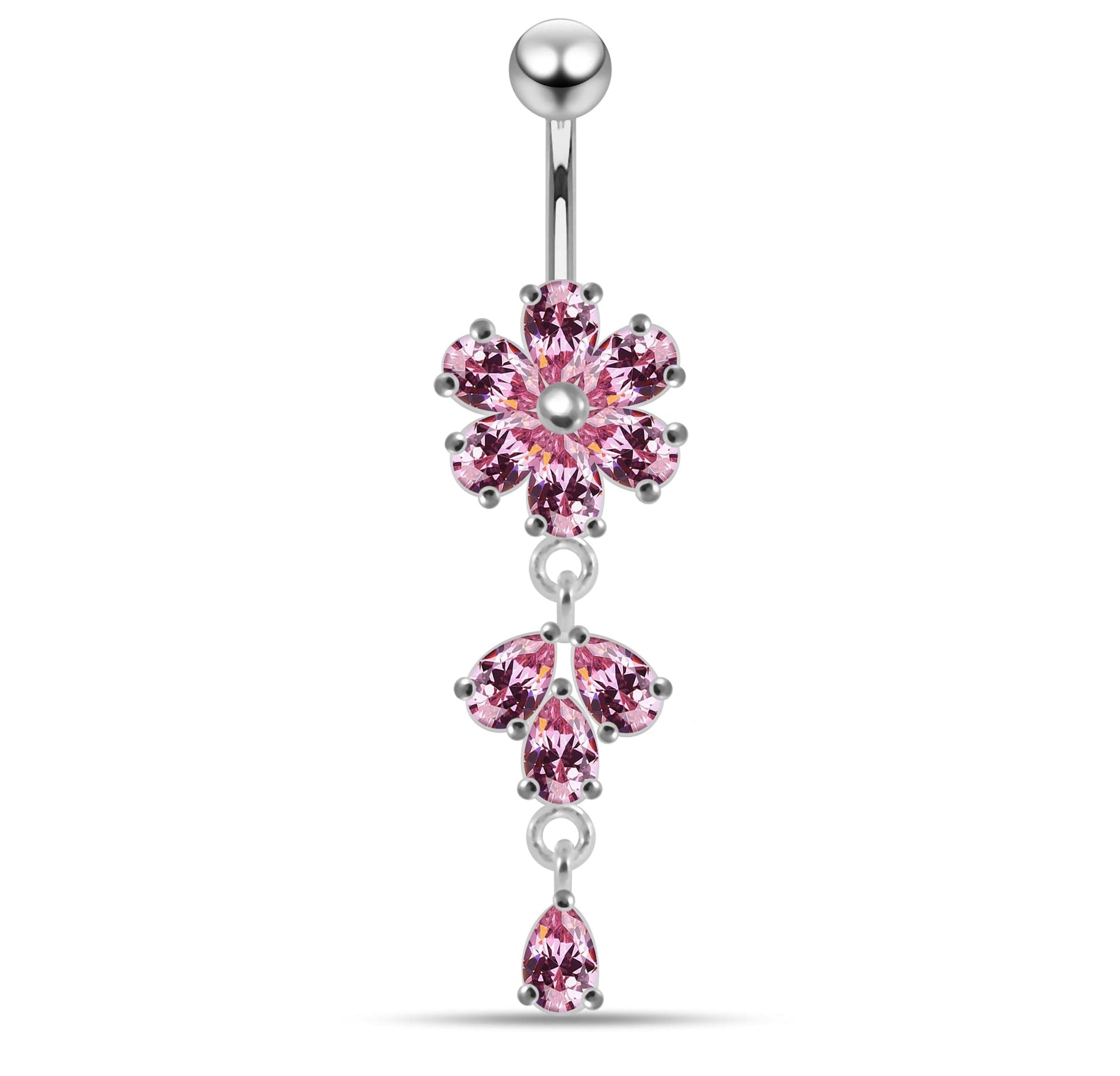 925 Sterling Silver Moving Flower Designed CZ Jewelled Navel Ring - Monster Piercing