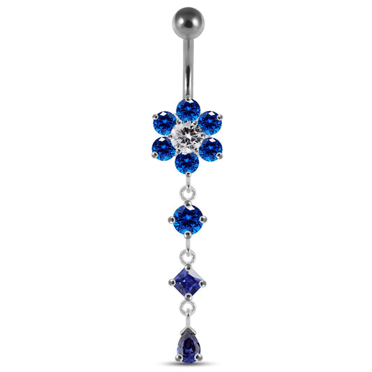 925 Sterling Silver Dangling Jewelled Flower Belly Bar - Monster Piercing