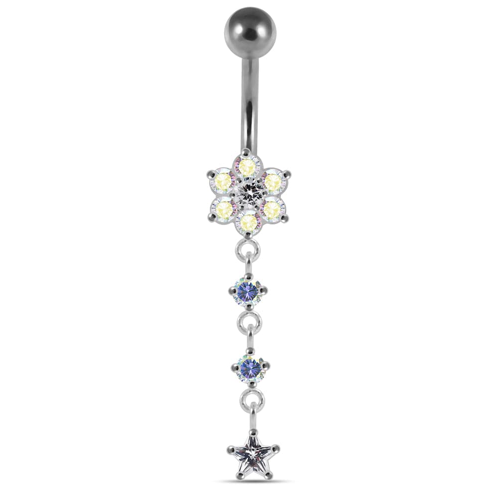 925 Sterling Silver Moving Jewelled Flower Design Banana Bar Navel Ring - Monster Piercing