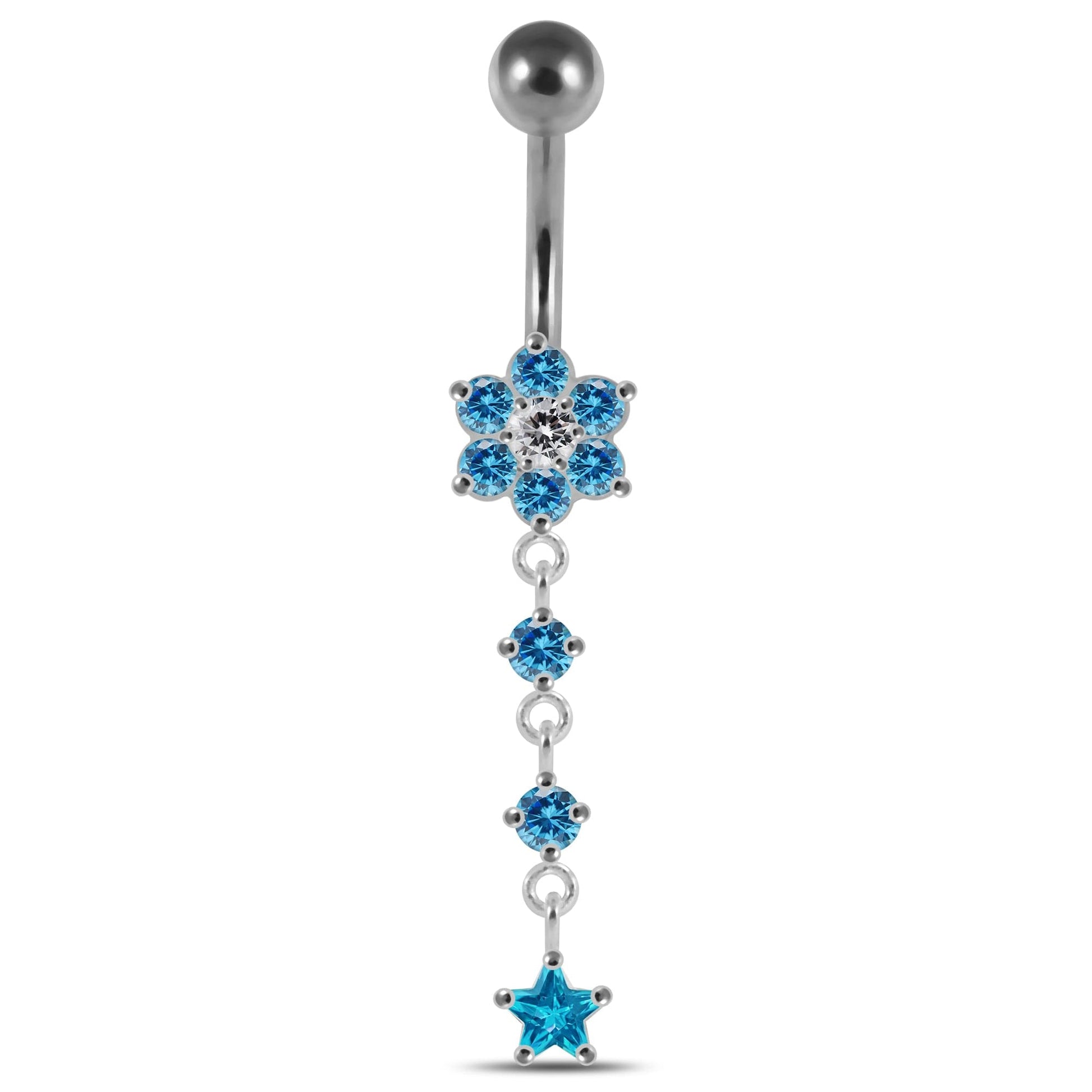925 Sterling Silver Moving Jewelled Flower Design Banana Bar Navel Ring - Monster Piercing