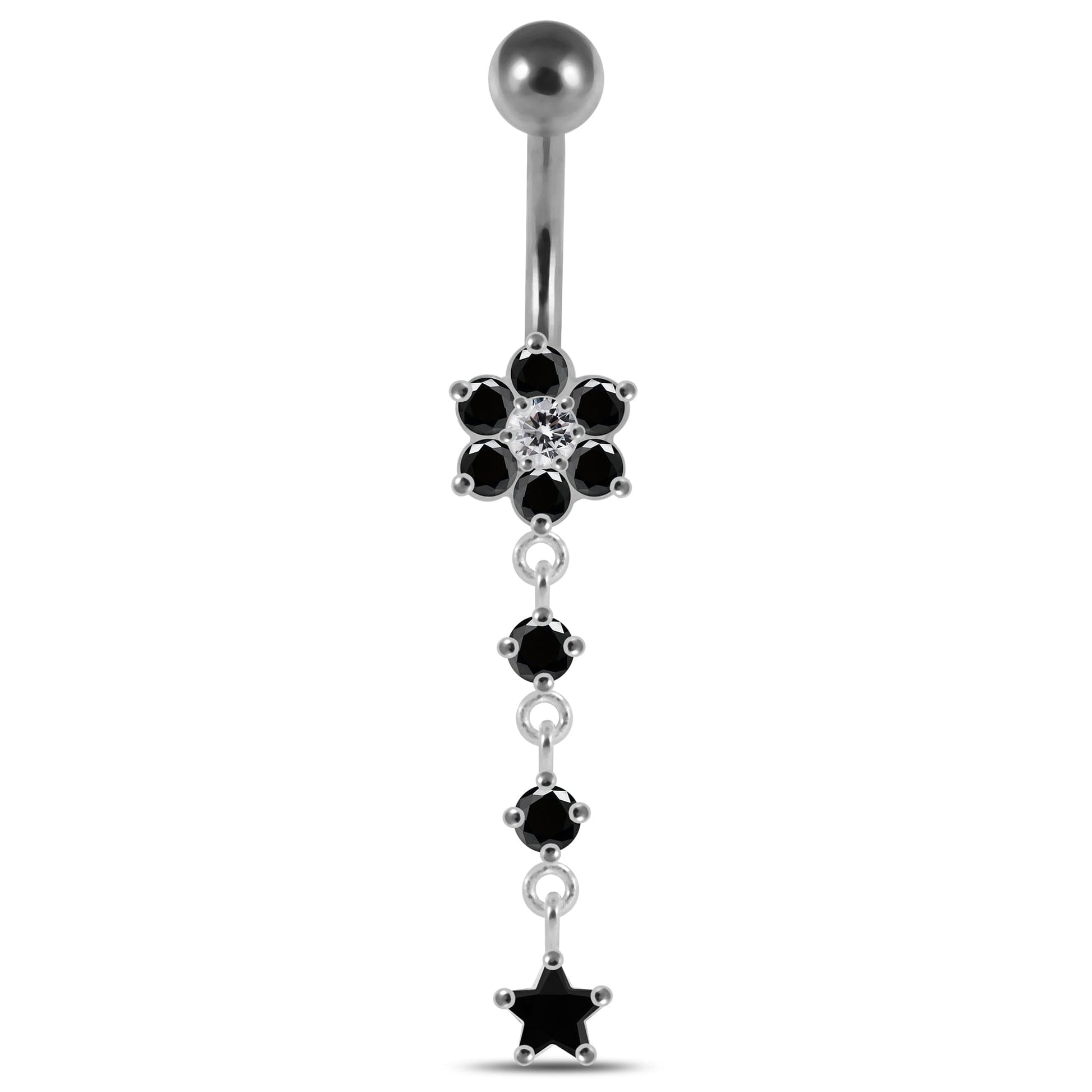 925 Sterling Silver Moving Jewelled Flower Design Banana Bar Navel Ring - Monster Piercing