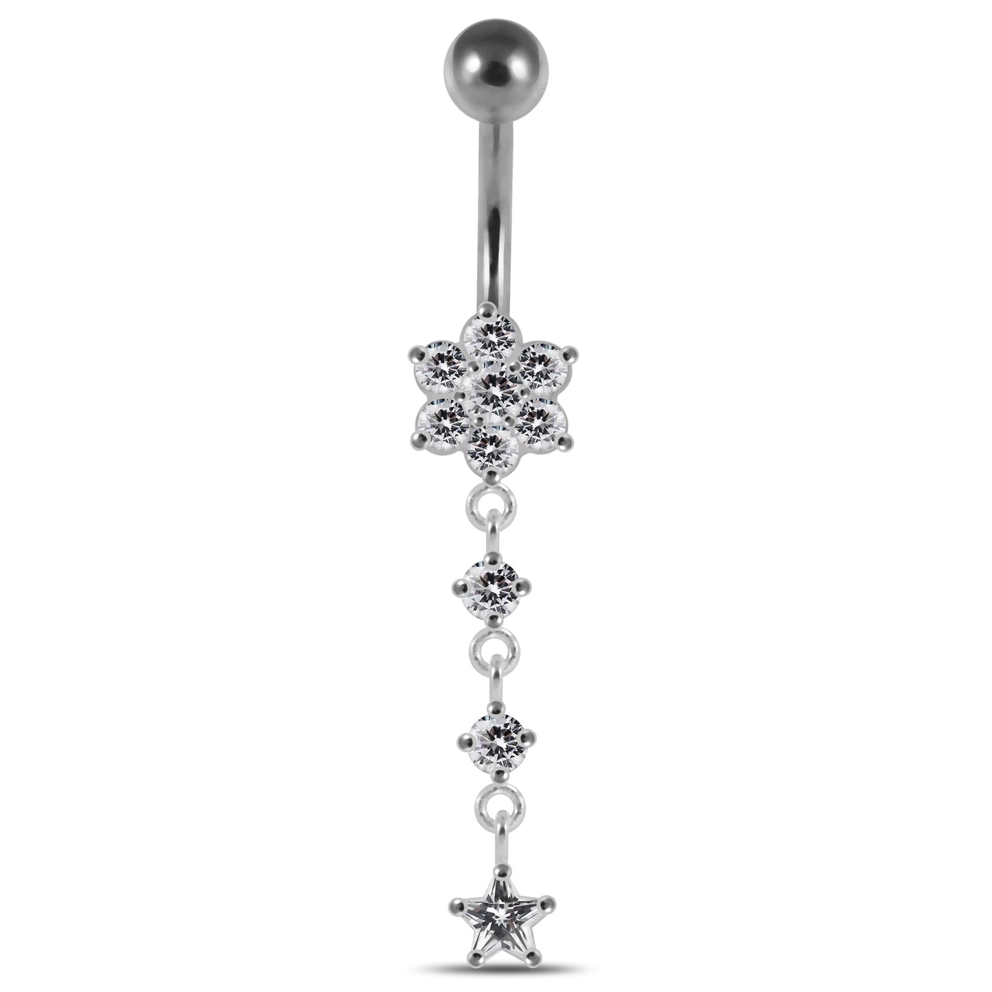 925 Sterling Silver Moving Jewelled Flower Design Banana Bar Navel Ring - Monster Piercing