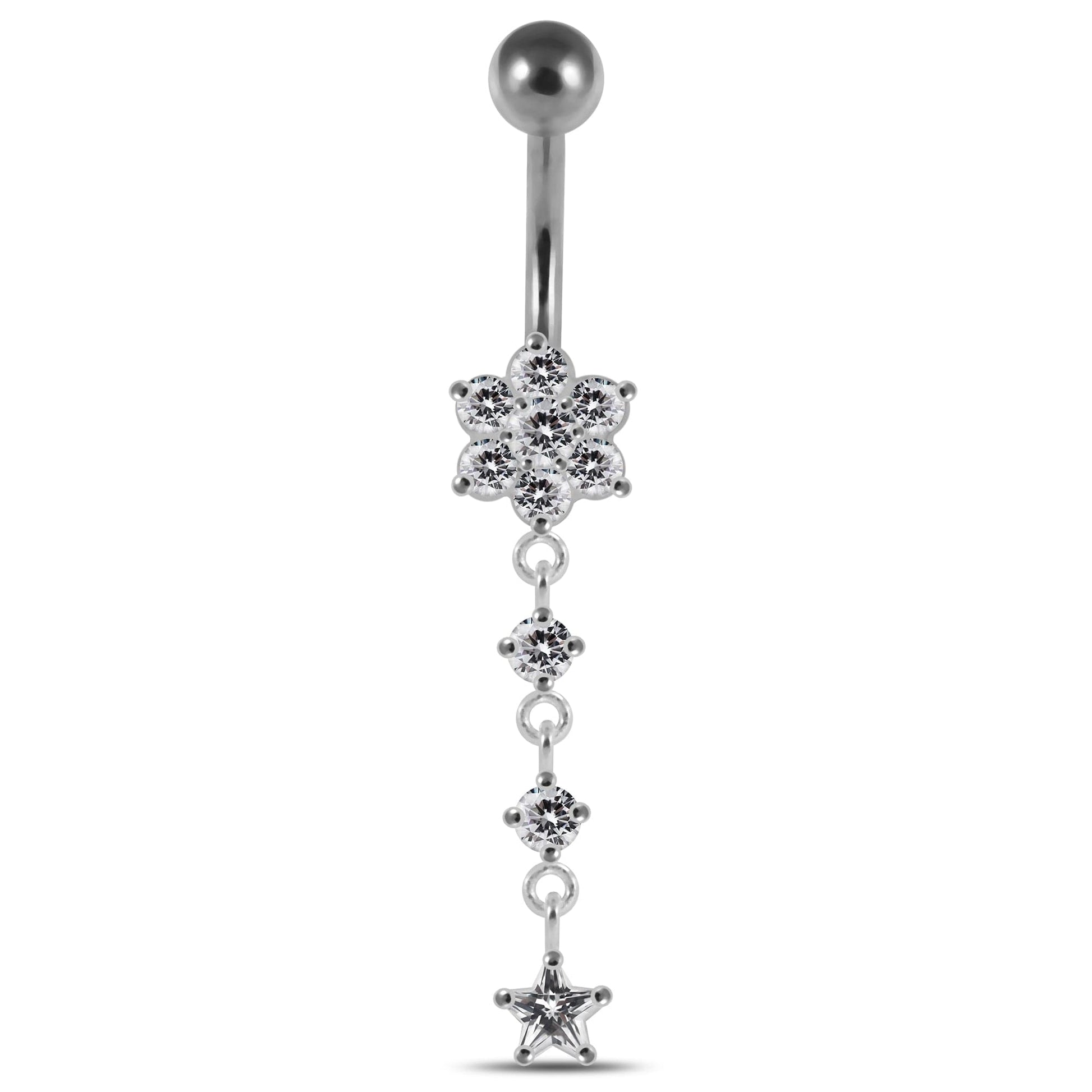 925 Sterling Silver Moving Jewelled Flower Design Banana Bar Navel Ring - Monster Piercing