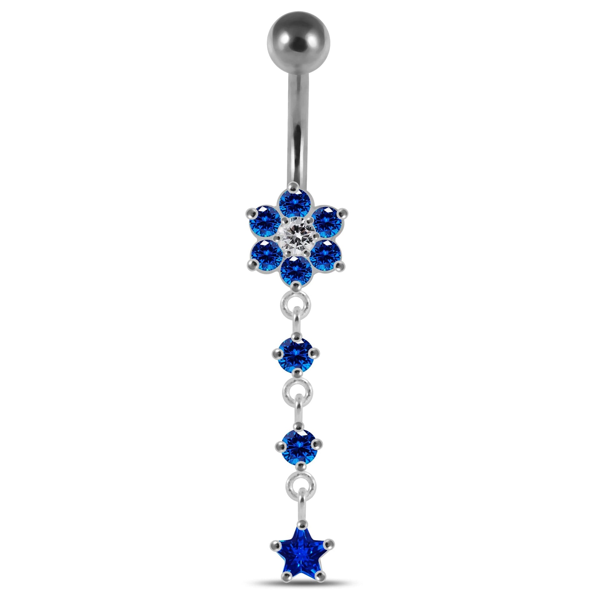 925 Sterling Silver Moving Jewelled Flower Design Banana Bar Navel Ring - Monster Piercing