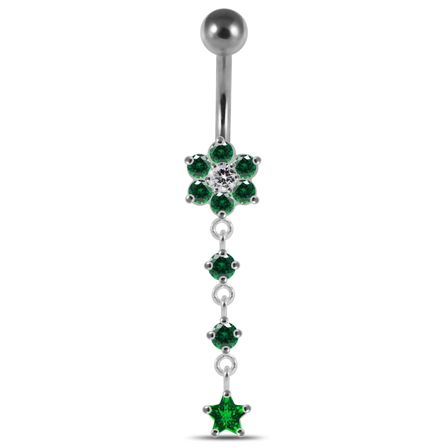 925 Sterling Silver Moving Jewelled Flower Design Banana Bar Navel Ring - Monster Piercing