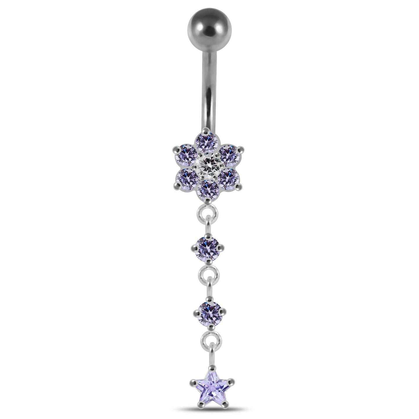 925 Sterling Silver Moving Jewelled Flower Design Banana Bar Navel Ring - Monster Piercing