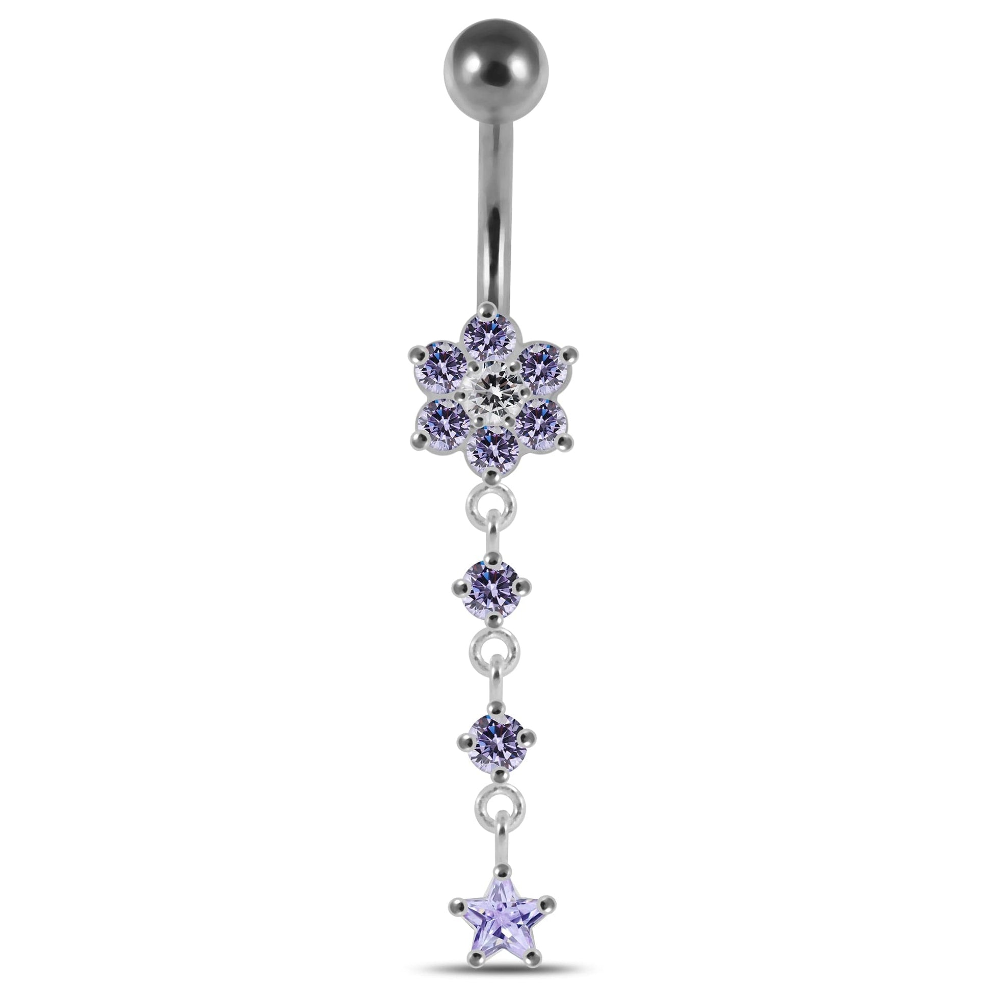 925 Sterling Silver Moving Jewelled Flower Design Banana Bar Navel Ring - Monster Piercing