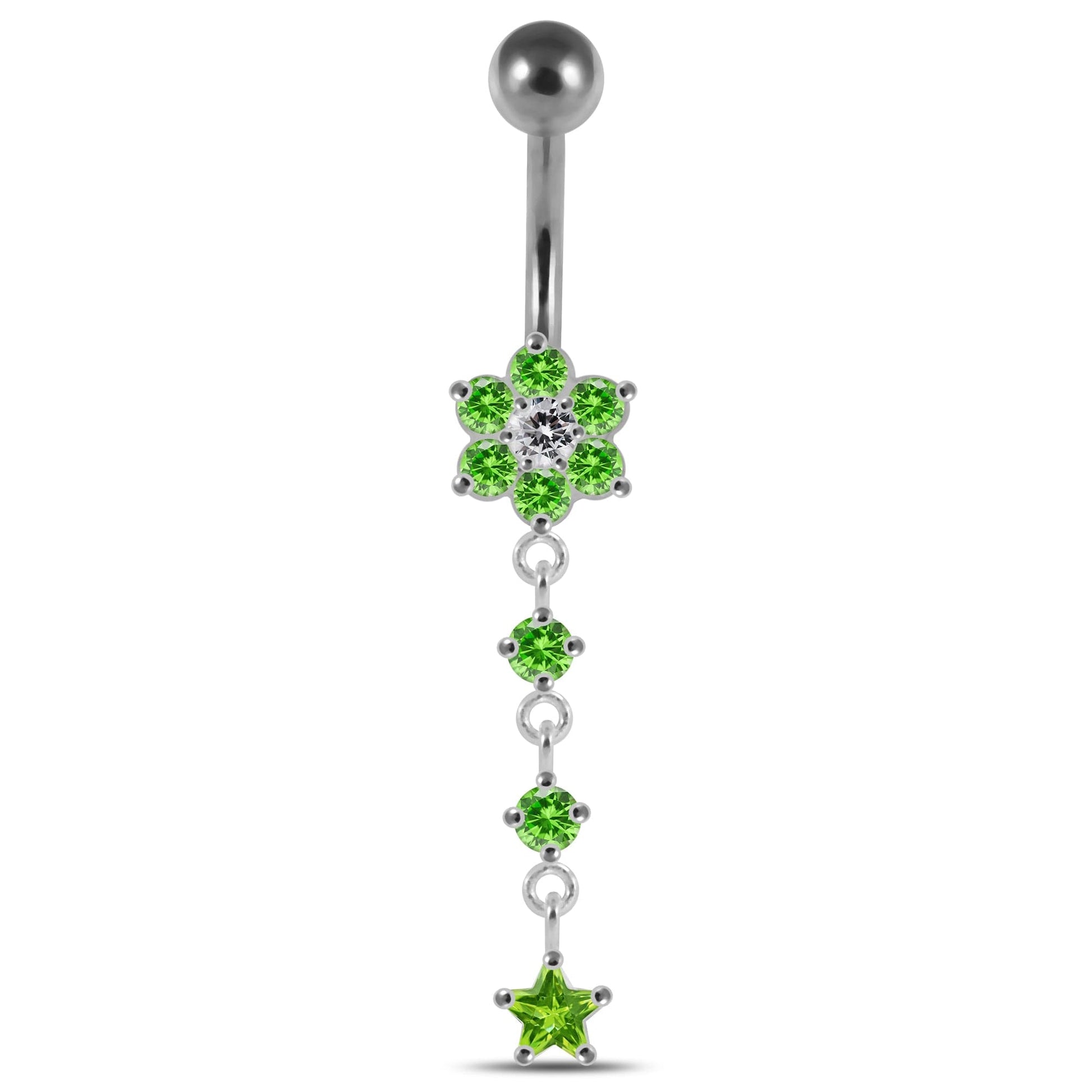 925 Sterling Silver Moving Jewelled Flower Design Banana Bar Navel Ring - Monster Piercing