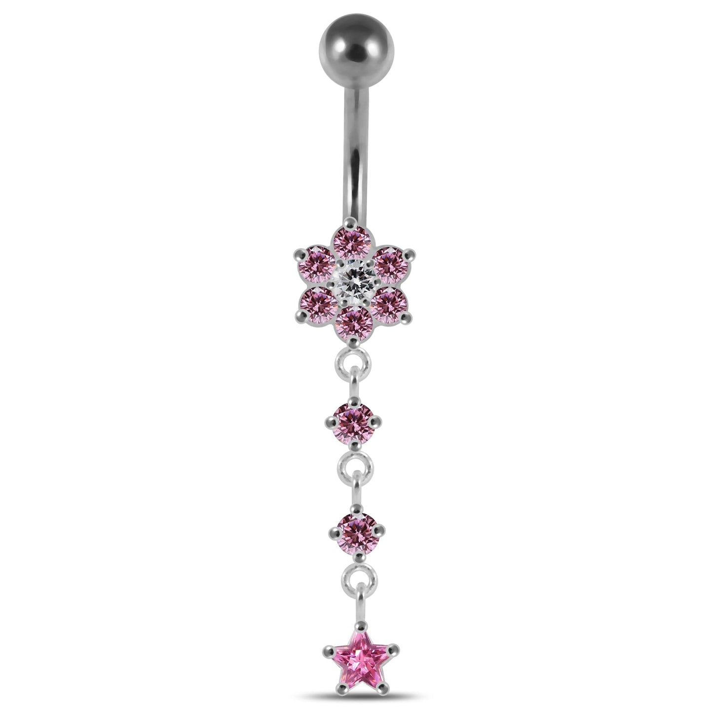 925 Sterling Silver Moving Jewelled Flower Design Banana Bar Navel Ring - Monster Piercing