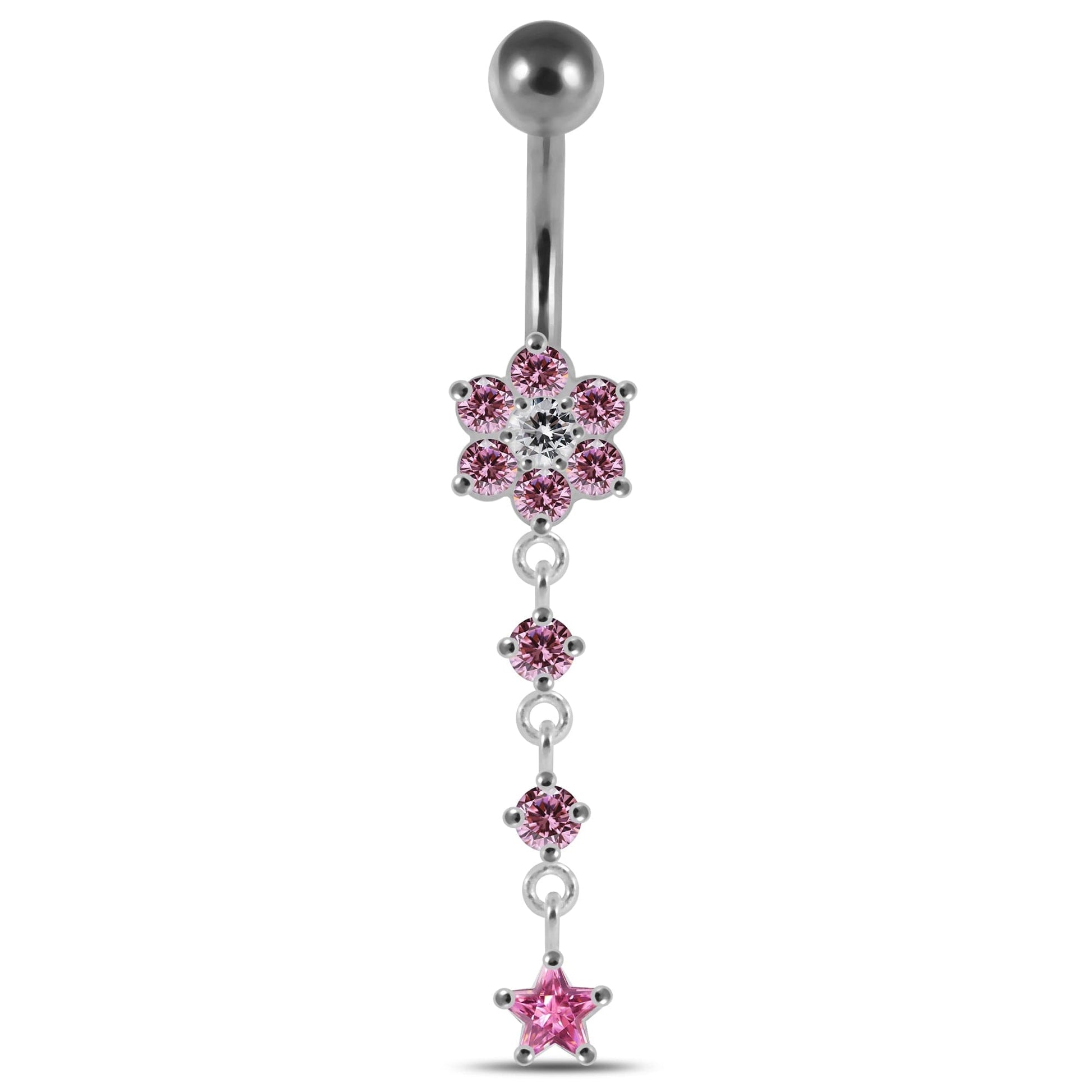 925 Sterling Silver Moving Jewelled Flower Design Banana Bar Navel Ring - Monster Piercing