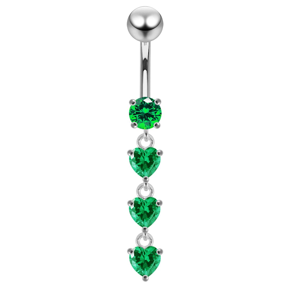 925 Sterling Silver Dangling Jewelled Hearts Navel Ring - Monster Piercing