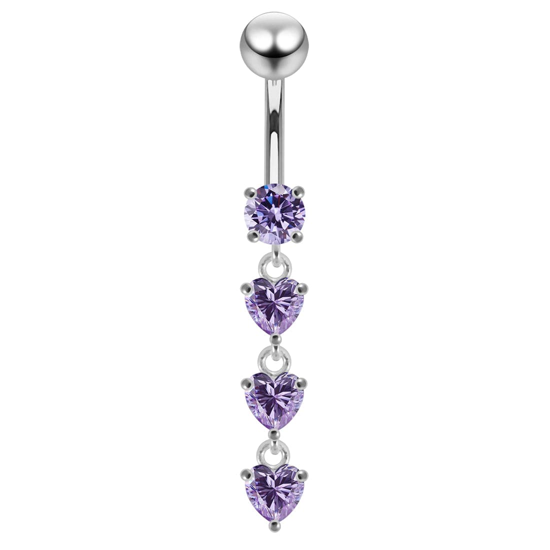 925 Sterling Silver Dangling Jewelled Hearts Navel Ring - Monster Piercing